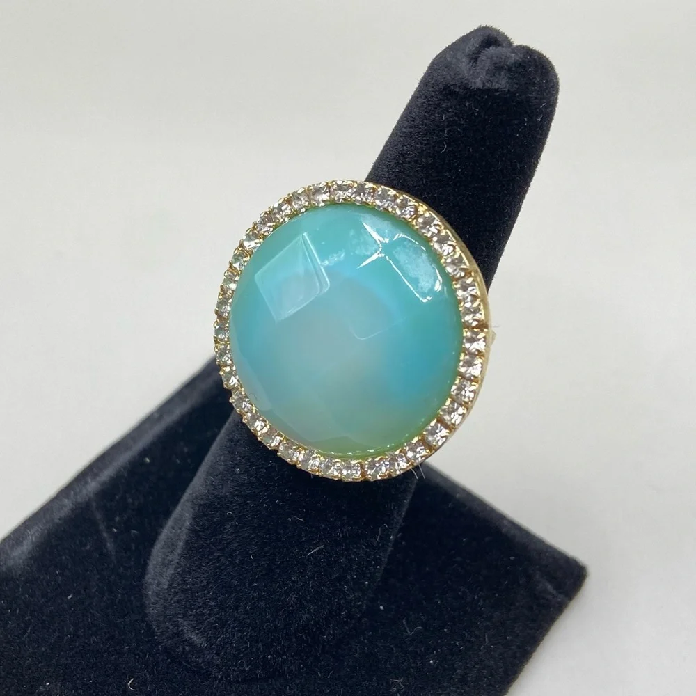 Gold Tone Mint Chalcedony Halo Statement Ring